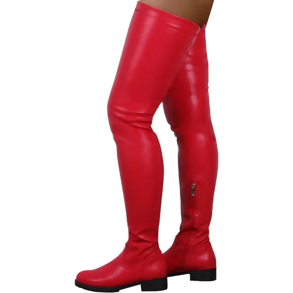 Women's Red Polyurethane Thigh High Over The Knee Rounded Toe Fashion Boots